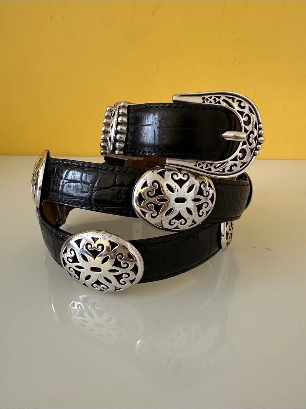 Brighton Women’s Black Croc-Embossed Western-Inspired Leather Belt Silver Buckle